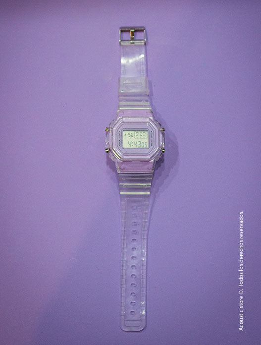 Reloj digital violeta transparente